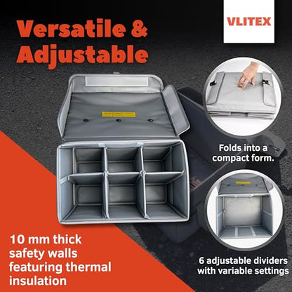 VLITEX Lithium Battery Storage Box XL (Extra Large) | Engineered in Germany | Fireproof E-Fiberglass & Silicone Fabric | Certified Lipo Safe Bag Container