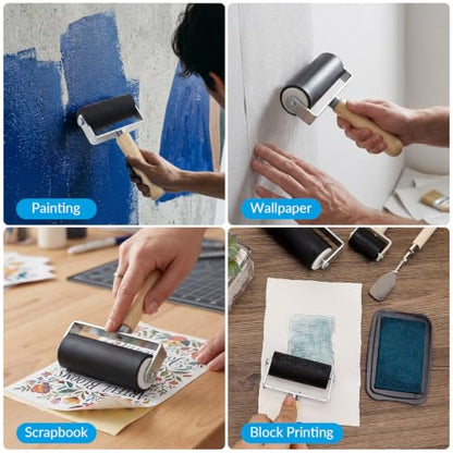 3 Pack Rubber Brayer Roller, 1.4”/2.4”/3.7” Art Craft Rollers with Scraper