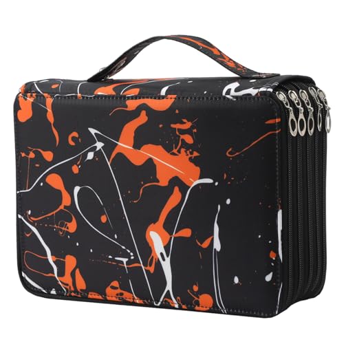 250 Slots Canvas Pencil Case 5-Layer Zipped Holder w/Handle - color: Orange Splash Ink, size: 250