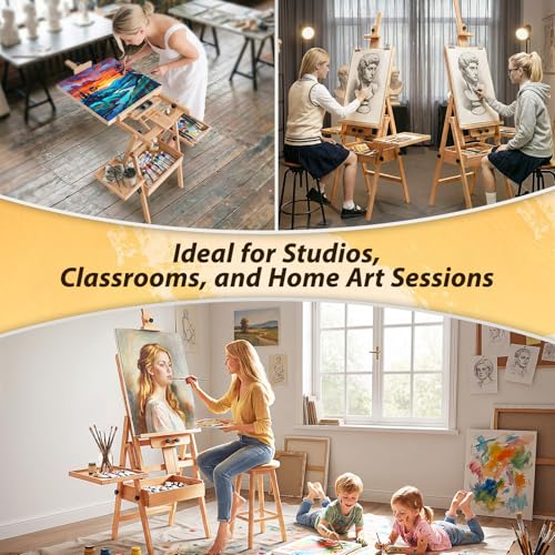 Beech Wood H-Frame Painting Easel Stand,Flat & Upright Adjustable Art Easel - color: Organic Natural