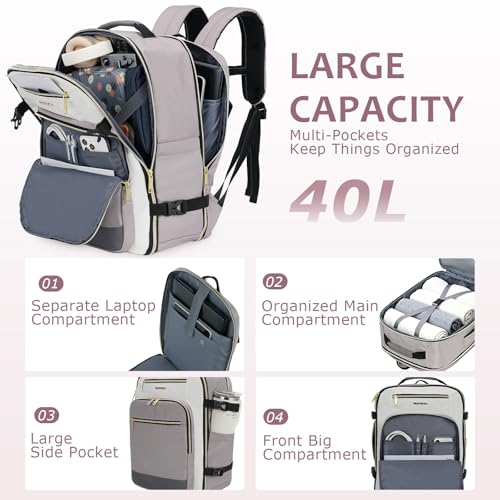 EMPSIGN 40L Travel Backpack for Women & Men - color: Beige/Dusty Pink/Grey