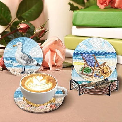 askkqtx 8 Pcs Beach Diamond Art Coasters Kits with Holder 4X4 Inch - color: BDWY355
