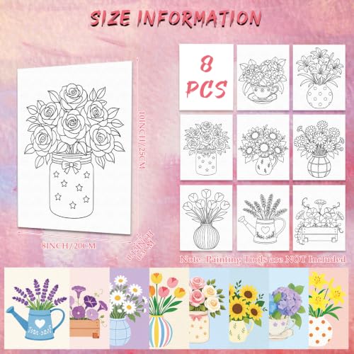 8 Pack Pre Drawn Canvas Painting Kits for Adults Sip and Paint Kit - size: 8x10, style: Floral Pattern,without Frame