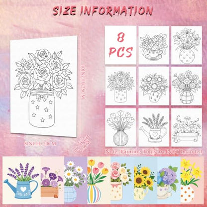 8 Pack Pre Drawn Canvas Painting Kits for Adults Sip and Paint Kit - size: 8x10, style: Floral Pattern,without Frame