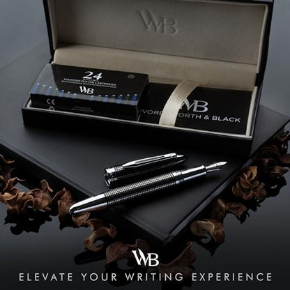 Wordsworth & Black Majesti Luxury Fountain Pen Set for Writing, Medium Nib - color: Black Checked, style: Medium Nib