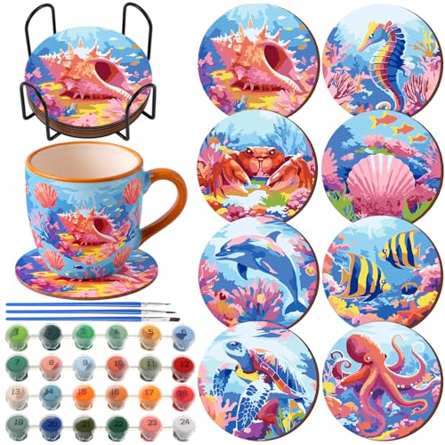 Reallnaive 8 Pcs Ocean Paint by Numbers Kit for Adults Wood Coastal Coaster - style: Ocean