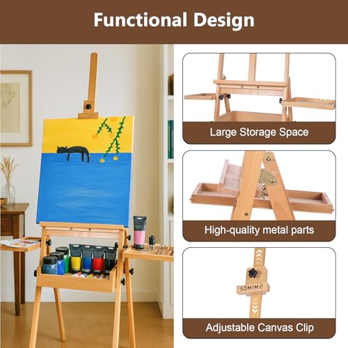 Wooden H-Frame Studio Easel with Storage Drawer and Palettes,Natural - style: Side Trays Natural