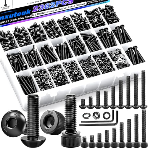 mxuteuk 2362PCS M3 Screws kit,M3x4/6/8/10/12/16/20/25/30/35mm M3 Screws Nuts Washers Assortment,M3 Hex Socket Button & Cap Head Screws,12.9 & 10.9 Grade Alloy Steel M3 Bolts with 2 Hex Wrench - size: 2362PCS M3