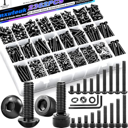 mxuteuk 2362PCS M3 Screws kit,M3x4/6/8/10/12/16/20/25/30/35mm M3 Screws Nuts Washers Assortment,M3 Hex Socket Button & Cap Head Screws,12.9 & 10.9 Grade Alloy Steel M3 Bolts with 2 Hex Wrench - size: 2362PCS M3