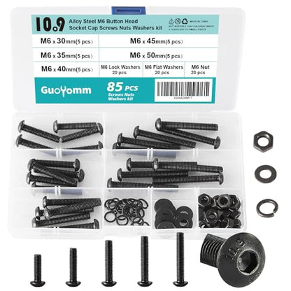 85 PCS M6 x 30mm 35mm 40mm 45mm 50mm, Button Head Socket Cap Screws Bolts Washers Nuts Assortment Kit, 10.9 Grade Alloy Steel, Black Oxide Finish, Metric Allen Hex Drive - size: Button M6x30/35/40/45/50 mm