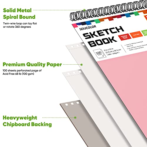 Soucolor 9x12 Sketch Book 2-Pack, 100 Sheets, Acid-Free Drawing Pads - color: Blue&Pink, size: 9" x 12" (Pack of 2)