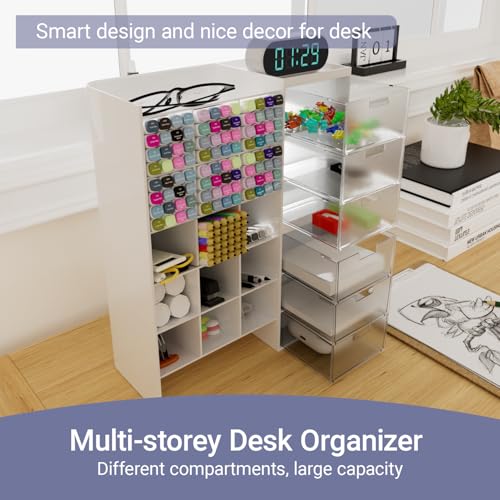 White Plastic Desktop Organizer – Stackable Office Desk Supplies Storage, Stationary,Marker,Crayon Organizer with Drawer – Perfect for Office, School, or Makeup Storage