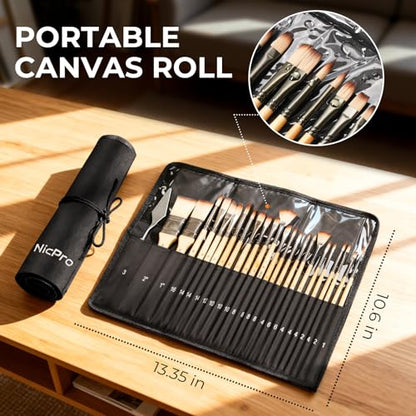 Nicpro 26pcs Professional Paint Brush Set with Palette Knife & Canvas Roll - color: Burlywood