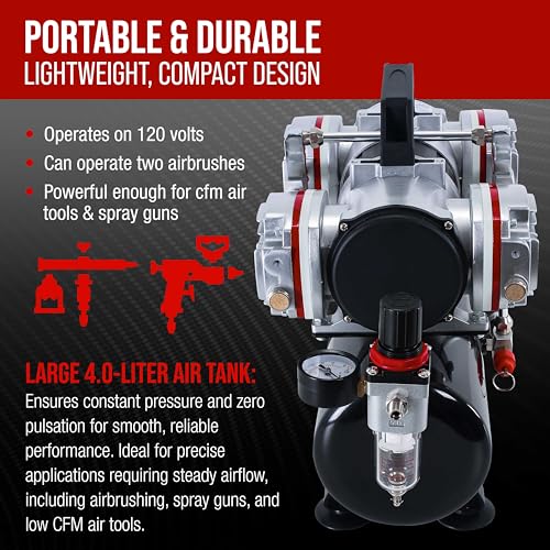 Master Airbrush TC-828 Airbrush Compressor with Tank- 1/3 HP Quad Cylinder - style: Quad Piston with Tank