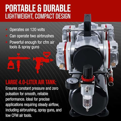 Master Airbrush TC-828 Airbrush Compressor with Tank- 1/3 HP Quad Cylinder - style: Quad Piston with Tank