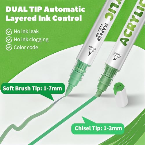 Green Acrylic Paint Pens, Water Based 12 Colors Dual Tip - color: Green Series