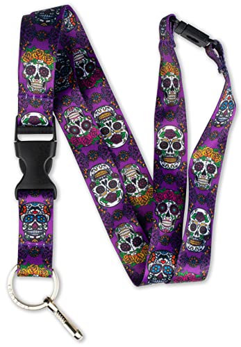 Limeloot Lanyard for Keys, ID Badge, Accessories | Neck Lanyard for Men and Women with Quick Release Buckle and Flat Ring - color: Purple Sugar Skulls
