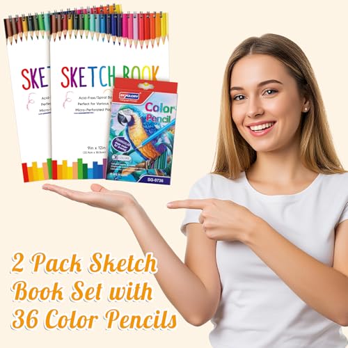 2 Pack Sketch Books for Kids 9 × 12In, 100gsm Drawing Pad with 36 Pencils - color: Classic
