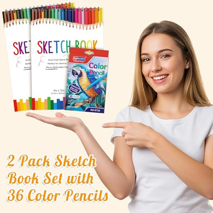 2 Pack Sketch Books for Kids 9 × 12In, 100gsm Drawing Pad with 36 Pencils - color: Classic