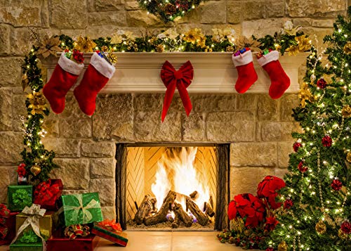 12X10FT Christmas Themed Fireplace Vinyl Photography Backdrop Photo Background Studio Prop CEM06E - size: 12'x10'