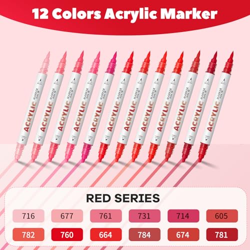 Red Series Acrylic Paint Pens, Water Based 12 Colors Dual Tip - color: Red Series