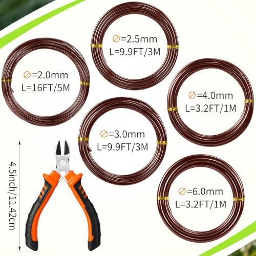 Mudder 5 Roll Bonsai Training Wire Aluminum 2/2.5/3/4/6mm Brown - color: Brown, size: 2/2.5/3/4/6mm