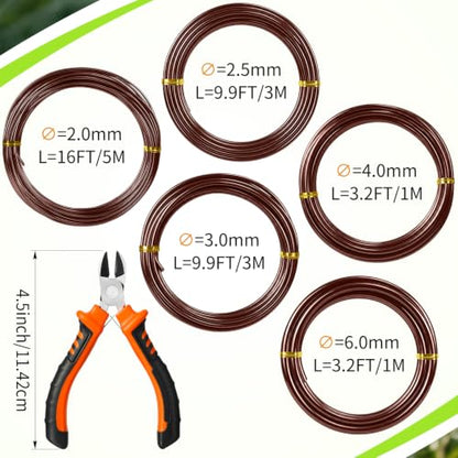 Mudder 5 Roll Bonsai Training Wire Aluminum 2/2.5/3/4/6mm Brown - color: Brown, size: 2/2.5/3/4/6mm