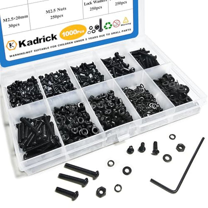 KADRICK 1000PCS M2.5 Screw Kit,Hex Socket Button Head Screw,Length 4MM-20MM - size: M2.5 1000Pcs 4-20mm