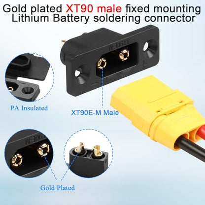 QIANRENON XT90 Male Fixed Mount Solder Connector Gold Plated XT90E-M Male Panel Mount Weld Adapter XT90 Model Airplane High Current Plug 30A 12AWG,Dust Cover,for Lithium Battery RC Car,Black,2Pcs - style: M