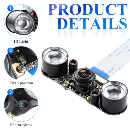 5MP OV5647 Sensor for Raspberry Pi Camera Module Night Vision with IR LED Light 1080P Video Webcam Wide Angle 130°FOV Adjustable Focus Compatible with Raspberry Pi 5 / 4B / 3B+ / 3B / Zero