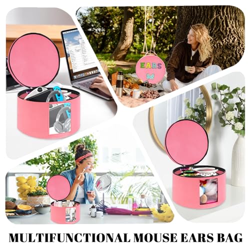 Chenille Letter Bow Mouse Ears Travel Case, Large Round Tote Storage Box - color: Pink
