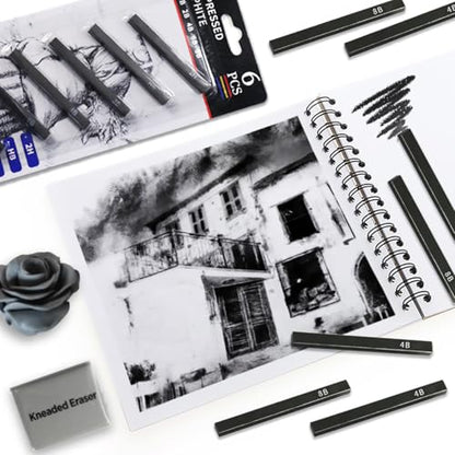 Graphite Sticks Square 6 Pieces, Kneaded Rubber Erasers Large Size 2 Pack, Black Compressed Graphite Charcoal Prencils Set for Drawing, Sketching, Shading, Blending, Beginners and Artists