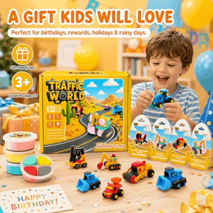 Air Dry Clay Kit for Kids – 12 Pack Construction Vehicles Modeling Clay Set - color: Yellow Traffic Kit