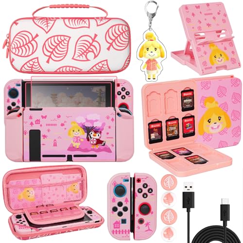 TIKOdirect Carrying Case for Switch, Cute Portable Travel Bundle Accessories with Protective Cover, Screen Protectors, Stand, Game Card Holder and Thumb Grip caps[Keychain], Animal Crossing Pink - color: Pink Switch 1, size: Switch 1