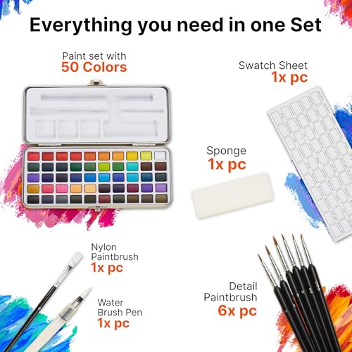 Watercolor Paint Set of 50 Colors - Washable Paint Kit with 7 Brushes