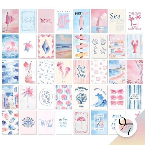 Coastal Granddaughter Room Decor, 40 Pcs Beach Wall Art, 4x6 Mini Prints - color: Blue Pink