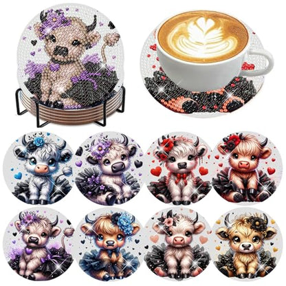 8 Pack Diamond Art Coasters,Highland Cow Diamond Painting Coasters Kits - color: Cow Coasters