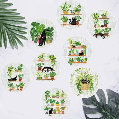 8 Pcs Cat Diamond Art Coasters Kit, Diamond Painting Coasters - color: Cat and Plants