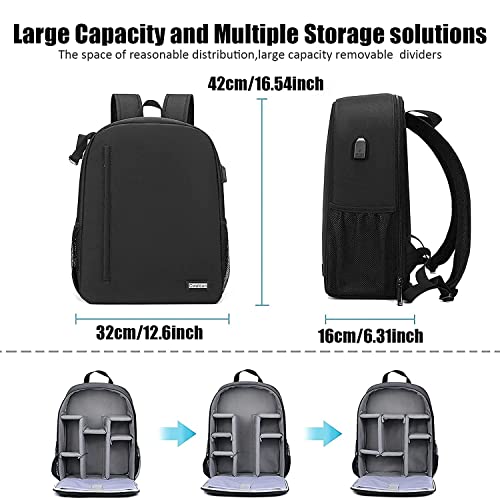 Cwatcun Camera Backpack Bag, Waterproof DSLR Bag with USB Port & Rain Cover - color: Black, size: 3.0 Large