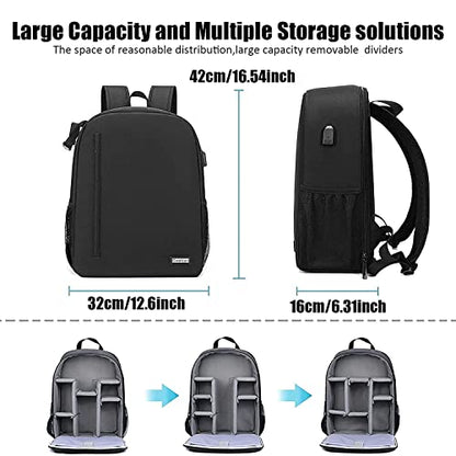 Cwatcun Camera Backpack Bag, Waterproof DSLR Bag with USB Port & Rain Cover - color: Black, size: 3.0 Large