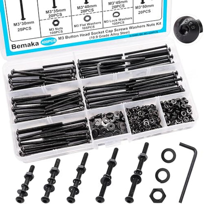 420PCS Black M3 Button Head Hex Socket Cap Screws, M3 x 30/35/40/45/50mm Metric Screws Bolts Nuts Washers Assortment Kit, 10.9 Grade Alloy Steel - size: M3-420PCS