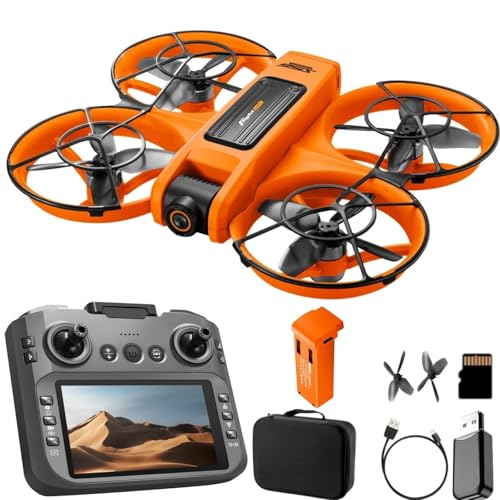 RC Drone with 4.92in Screen Integrated on Transmitter, 1080P Dual Lens Camera, Brushless Motors, Optical Flow Positioning Hover, Full 360° Propeller Protective Guard, 6-Axis Gyro Stabilization, Headless Flight Mode, One-Key Takeoff & Landing, 3-Gear Speed