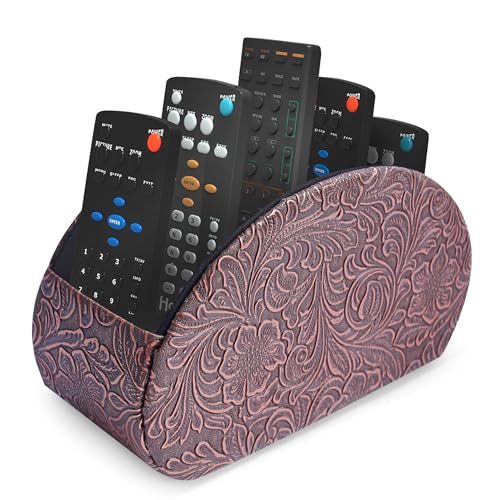 Remote Control Holder, PU Leather Remote Caddy Desktop Organizer with 5 Spacious Compartments for TV Remotes/Media Controllers/Office Supplies (1-Carved Copper Red - color: 1-Carved Copper Red