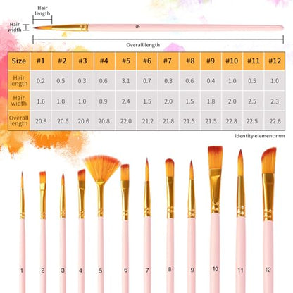 Paint Brushes Set 12 Pcs, Face Paint Brushes and Sponges Set Professional for Oil Watercolor, Miniature Detailing, Artist Paintbrushand, Rock Painting for Kids Adult(Pink) - color: Pink