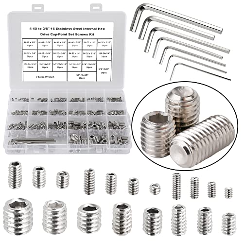 380Pcs 19 Sizes #4-40 to 3/8"-16 UNC Standard SAE Hex Socket Cup Point Set Screws, Allen Head Grub Screws, Internal Hex Drive Headless Screws Assortment with 7pcs Hex Keys, 304 Stainless Steel - color: Silver:UNC #4-40 to 3/8"-16 SAE Set Screws
