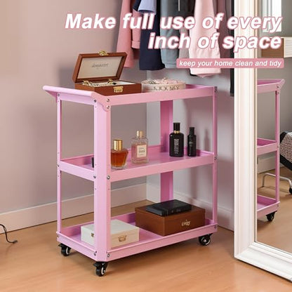 3 Tier Metal Utility Rolling Cart with Wheels, Pink - color: Pink