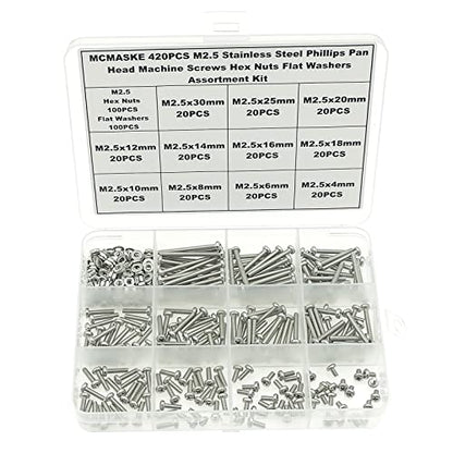 420PCS M2.5 Phillips Pan Head Machine Screws Nuts Flat Washers Kit;304 Stainless Steel;Screws Length:4mm to 30mm - size: M2.5