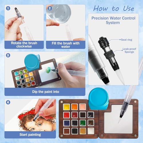 Mini Watercolor Travel Set, 12 Color Portable Walnut Wood Art Kit