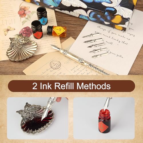 mancola Quill Pen and Ink Set,Feather Dip pen with 6 bottles of ink,Antique Calligraphy Pen,Metallic Dip Pen,6 Replaceable Nibs-Basic Calligraphy Kit-for Beginners and Calligraphy Lovers MA-L26
