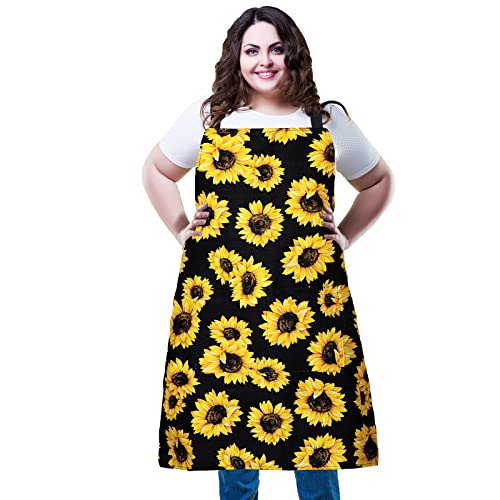 Plus Size Adjustable Bib Apron Water Resistant Canvas Extra Wide Long Ties Aprons with 2 Pockets Kitchen Cooking Gardening - color: Sunflower